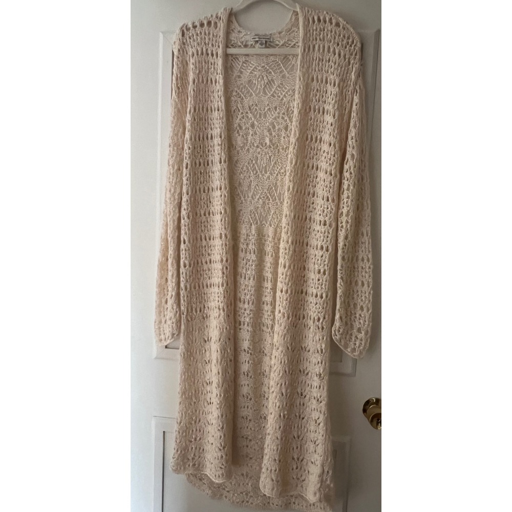 American Eagle Cream Crochet Longline Cardigan Open Knit Boho Duster Medium